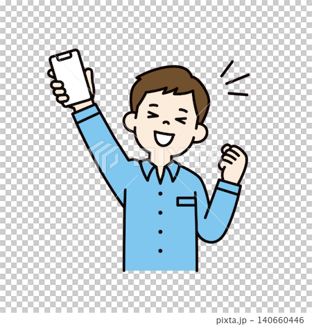スマートフォンを掲げてガッツポーズで大喜びする若い男性・パパの上半身ベクターイラスト素材 スマートフォンを掲げてガッツポーズで大喜びする若い男性・パパの上半身ベクターイラスト素材 140660446