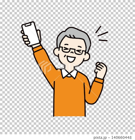 Vector illustration of the upper body of an elderly man/grandfather/old man who is overjoyed to show off his smartphone screen. Vector illustration of the upper body of an elderly man/grandfather/old man who is overjoyed to show off his smartphone screen. 140660448