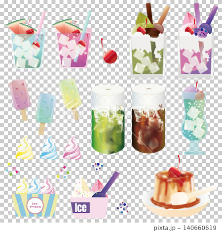 夏スイーツと冷たいドリンクのイラストセット(アイス・パフェ・フロート) 夏スイーツと冷たいドリンクのイラストセット(アイス・パフェ・フロート) 140660619