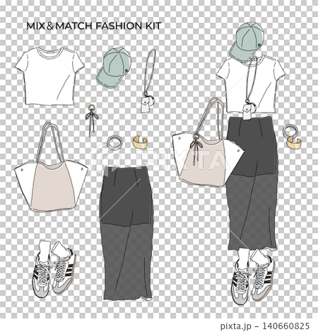 Dress-up fashion kit: Sporty mix outfit illustration with cap and sheer skirt 140660825