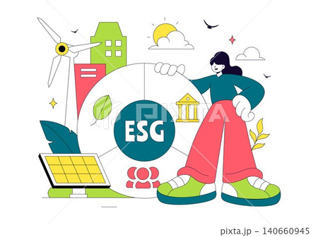 Environmental Social Governance Vector Illustration Featuring ESG Reporting, Sustainable Business Practices, Renewable Energy, and Green Investment 140660945