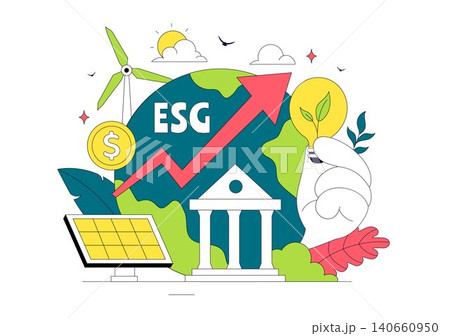 Environmental Social Governance Vector Illustration Featuring ESG Reporting, Sustainable Business Practices, Renewable Energy, and Green Investment 140660950