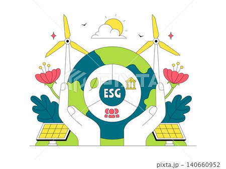 Environmental Social Governance Vector Illustration Featuring ESG Reporting, Sustainable Business Practices, Renewable Energy, and Green Investment 140660952
