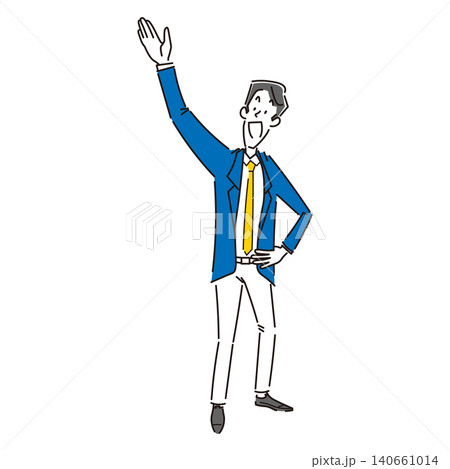 笑顔で案内をする男性会社員のシンプルな全身イラスト素材 140661014