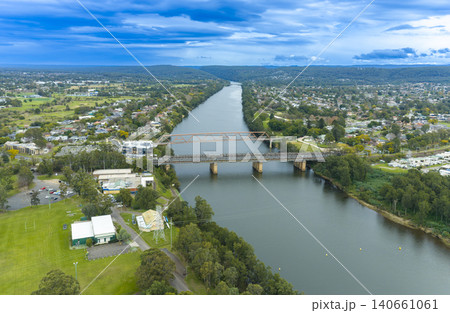 Aerial view of the Victoria Bridge running over the Nepean River in Penrith Aerial view of the Victoria Bridge running over the Nepean River in Penrith 140661061