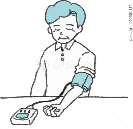 自宅で血圧計を使って毎日の血圧を測定するシニア男性（おじいさん）のイラスト 140661159