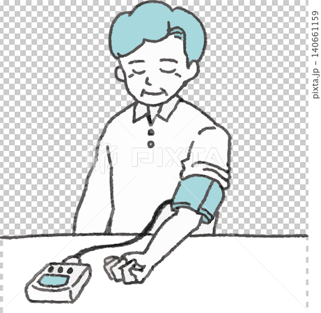 自宅で血圧計を使って毎日の血圧を測定するシニア男性（おじいさん）のイラスト 140661159