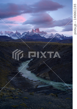 Patagonia mountain valley river landscape twilight 140661193