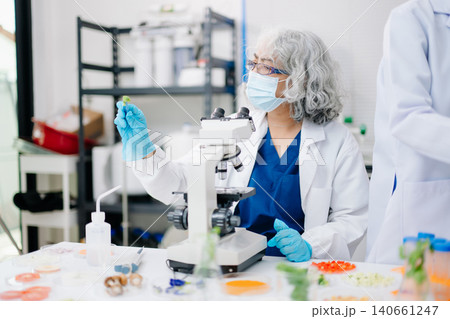 Experienced scientist analyzing food samples under a microscope in a modern laboratory, supporting food safety, quality control, biotechnology, and scientific research. Experienced scientist analyzing food samples under a microscope in a modern laboratory, supporting food safety, quality control, biotechnology, and scientific research. 140661247