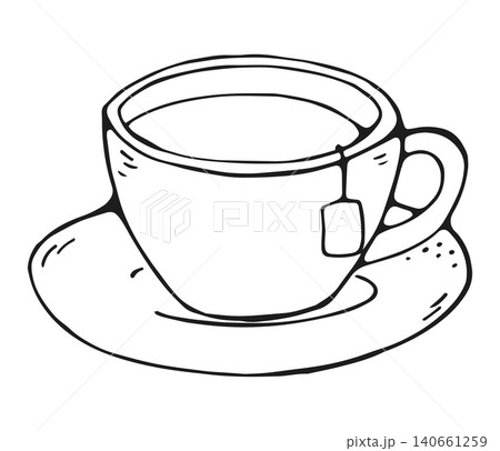Tea Cup with Teabag on Saucer Hand Drawn Doodle Clipart 140661259
