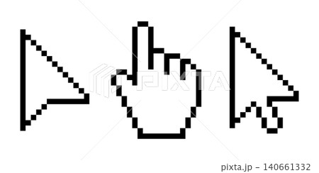 Pixel cursor icon set illustration with arrow pointer, hand click cursor and mouse pointer in black, clean retro pixel art design for web interface, digital navigation and computer UI elements 140661332