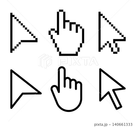 Pixel and outline cursor icon set illustration with arrow pointer and hand click symbols in black, clean web interface design for mouse selection, digital navigation, app UI and computer control Pixel and outline cursor icon set illustration with arrow pointer and hand click symbols in black, clean web interface design for mouse selection, digital navigation, app UI and computer control 140661333