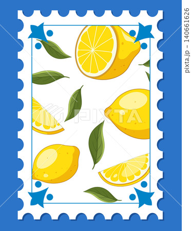 Mediterranean Lemon Fruit Pattern on Decorative Postage Stamp Illustration 140661626