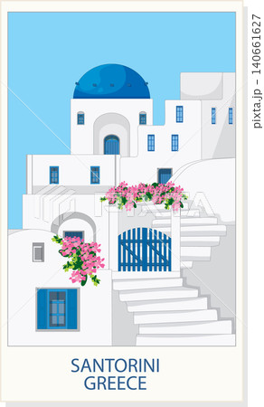 Mediterranean Coastal Village Illustration with White Buildings and Blue Domes Mediterranean Coastal Village Illustration with White Buildings and Blue Domes 140661627