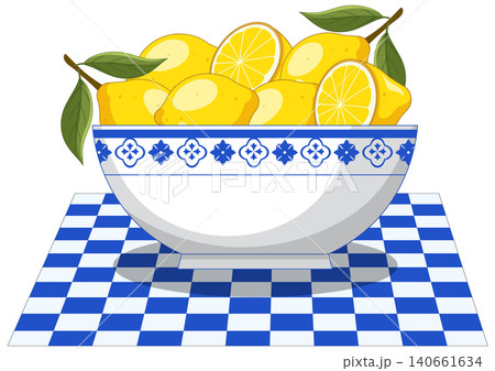 Fresh Lemons in Mediterranean Style Ceramic Bowl on Checkered Tablecloth 140661634