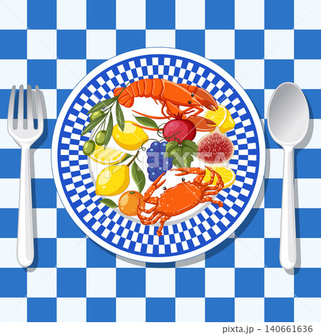 Mediterranean Seafood and Fruit Platter on Blue Checkered Tablecloth Illustration Mediterranean Seafood and Fruit Platter on Blue Checkered Tablecloth Illustration 140661636