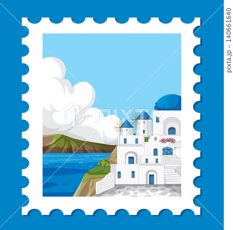 Mediterranean Coastal Village Postage Stamp Vector Illustration Mediterranean Coastal Village Postage Stamp Vector Illustration 140661640
