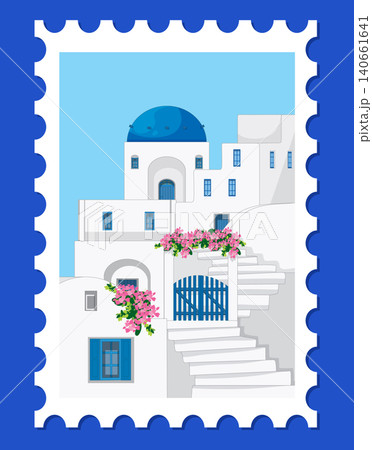 Mediterranean Coastal Village Illustration on a Blue Postage Stamp Mediterranean Coastal Village Illustration on a Blue Postage Stamp 140661641
