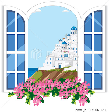 Mediterranean Coastal Village View Through Open White Arched Window Mediterranean Coastal Village View Through Open White Arched Window 140661644