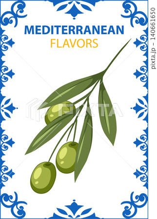 Mediterranean Olive Branch Vector Illustration with Ornate Blue Tile Border Mediterranean Olive Branch Vector Illustration with Ornate Blue Tile Border 140661650