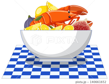 Vector Illustration of Cooked Lobster with Lemon and Figs in Bowl 140661652