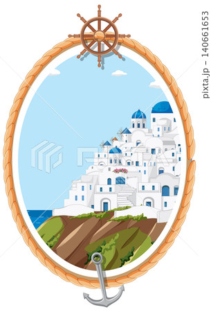 Mediterranean Coastal Village Illustration in Nautical Rope Frame with Anchor 140661653