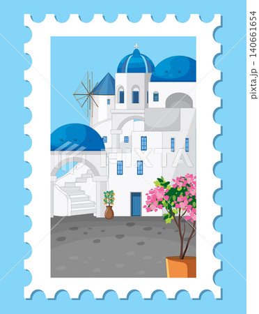 Mediterranean Village Postage Stamp Illustration with Blue Domes and Windmill 140661654