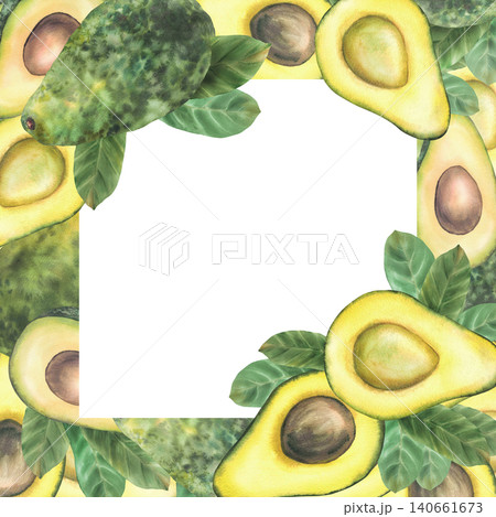 Watercolor avocado frame. Whole and sliced half fruit with seeds and green leaves Hand painted realistic square card isolated from background illustration for food, cosmetic packaging, branding design 140661673