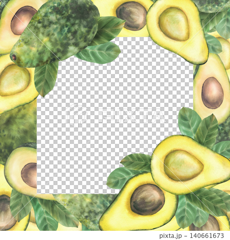 Watercolor avocado frame. Whole and sliced half fruit with seeds and green leaves Hand painted realistic square card isolated from background illustration for food, cosmetic packaging, branding design 140661673