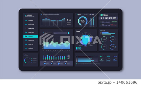 Web Dashboard Ui, Statistic Graphs, Data Charts and Diagrams Infographic Template Mockup. Dark Mode Dashboard, Vector Illustration 140661696