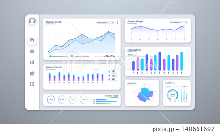 Web Dashboard Ui, Statistic Graphs, Data Charts and Diagrams Infographic Template Mockup. Light Mode Dashboard, Vector Illustration Web Dashboard Ui, Statistic Graphs, Data Charts and Diagrams Infographic Template Mockup. Light Mode Dashboard, Vector Illustration 140661697