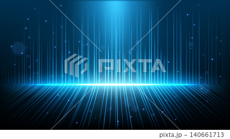 Abstract Futuristic Glowing Blue Neon Light Lines with Speed Motion Moving on Dark Blue Background, Vector Illustration 140661713