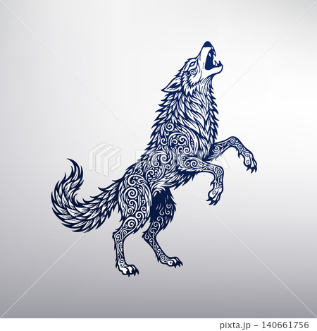 Howling Wolf with Intricate Tribal Ornament Pattern, Vector Illustration 140661756