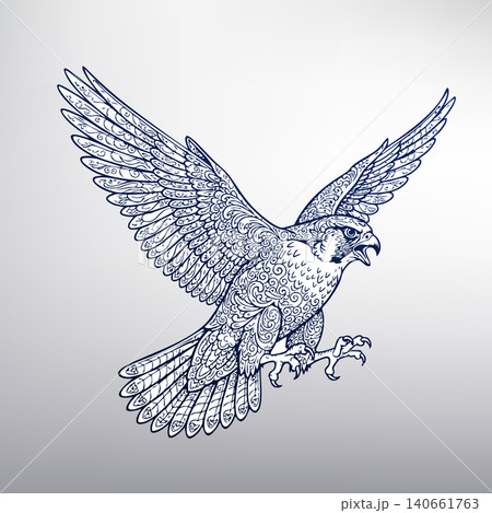 Raging Falcon with Intricate Tribal Ornament Pattern, Vector Illustration 140661763