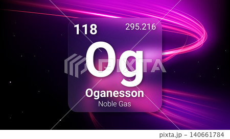 Oganesson (Og) (118) Noble Gas, Glass Morphism Element Futuristic Neon Light Glow Background Periodic Table, Chemical Symbol, Name, Atomic Mass, Atomic Number, Vector Illustration 140661784