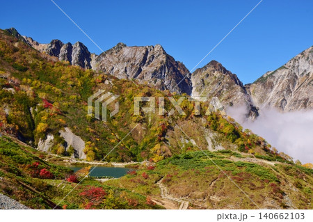 紅葉のピークを迎えた白馬の峰々 140662103