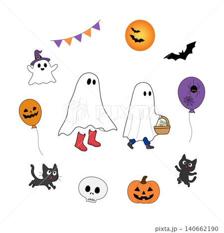 ハロウィンの手描き風イラスト素材セット おばけ 黒猫 かぼちゃ コウモリ 風船 140662190