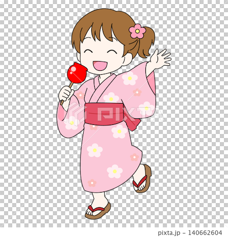 一幅插圖，描繪了一個穿著浴衣的女孩手拿糖蘋果。 140662604