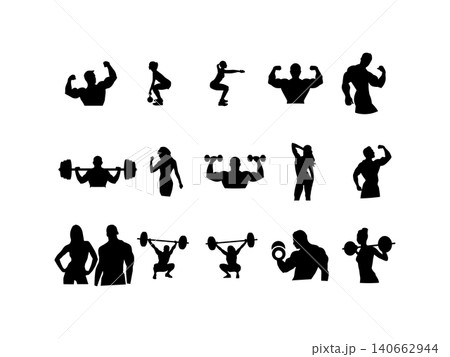 set of black silhouettes of men and woman doing fitness workout set of black silhouettes of men and woman doing fitness workout 140662944