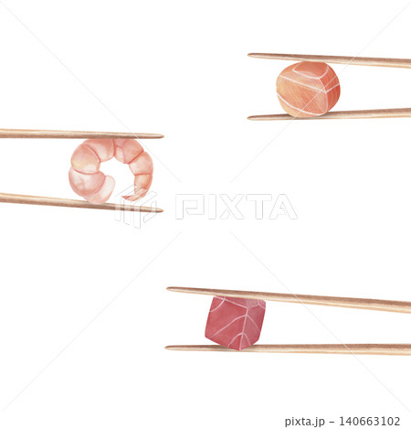 Chopsticks holding shrimp, tuna, salmon cubes. Hand-painted watercolor illustration isolated on white for sushi, poke, restaurant branding, menu design, posters, editorials, seafood marketing 140663102