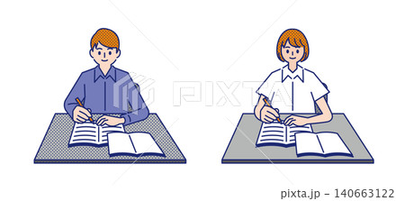 机でノートと参考書を広げて勉強する男性と女性 机でノートと参考書を広げて勉強する男性と女性 140663122