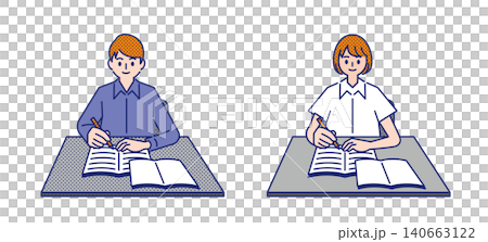 机でノートと参考書を広げて勉強する男性と女性 机でノートと参考書を広げて勉強する男性と女性 140663122