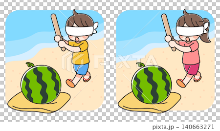 A set of illustrations of children enjoying watermelon smashing at the beach. 140663271