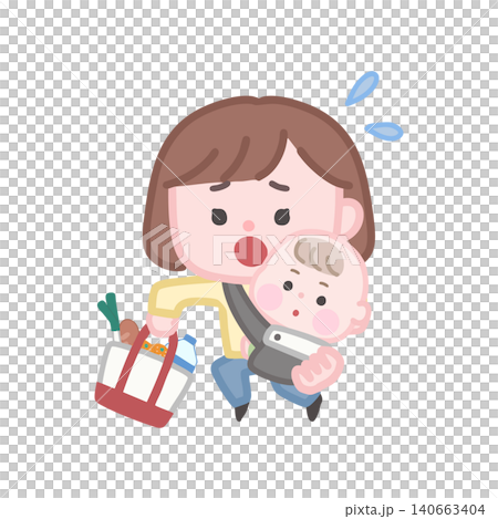 Mom shopping with her baby in a sling Mom shopping with her baby in a sling 140663404