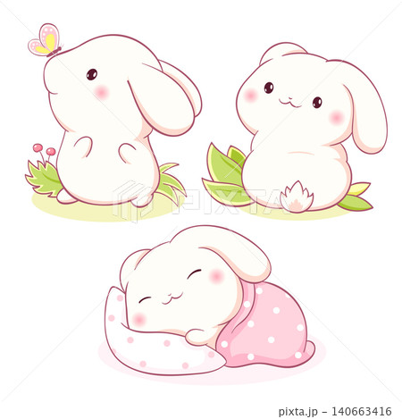Set of little bunny in kawaii style. Tiny baby rabbit in multiple poses. Cute rabbit expression sheet collection. Can be used for t-shirt print, sticker, badge, greeting card. Vector illustration EPS8 Set of little bunny in kawaii style. Tiny baby rabbit in multiple poses. Cute rabbit expression sheet collection. Can be used for t-shirt print, sticker, badge, greeting card. Vector illustration EPS8 140663416