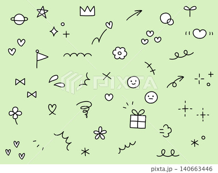 手書きの飾りイラストのベクターイラストセット。手描き、集中線、花、落書き、ハート、星 手書きの飾りイラストのベクターイラストセット。手描き、集中線、花、落書き、ハート、星 140663446