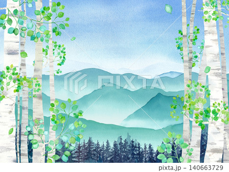 夏の白樺の高原からの眺め　涼しい山の風景の水彩イラスト 140663729
