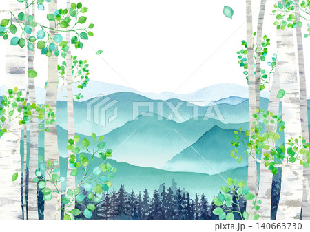 新緑白樺の高原からの眺め　涼しい山の風景の水彩イラスト（透過背景） 140663730