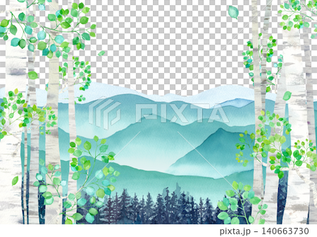 新緑白樺の高原からの眺め　涼しい山の風景の水彩イラスト（透過背景） 140663730