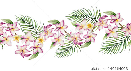 Seamless border blooming frangipani flowers. Watercolor hand drawn palm banner, vibrant green tones. Isolated botanical illustration on transparent background. Perfect for tropical design projects 140664008